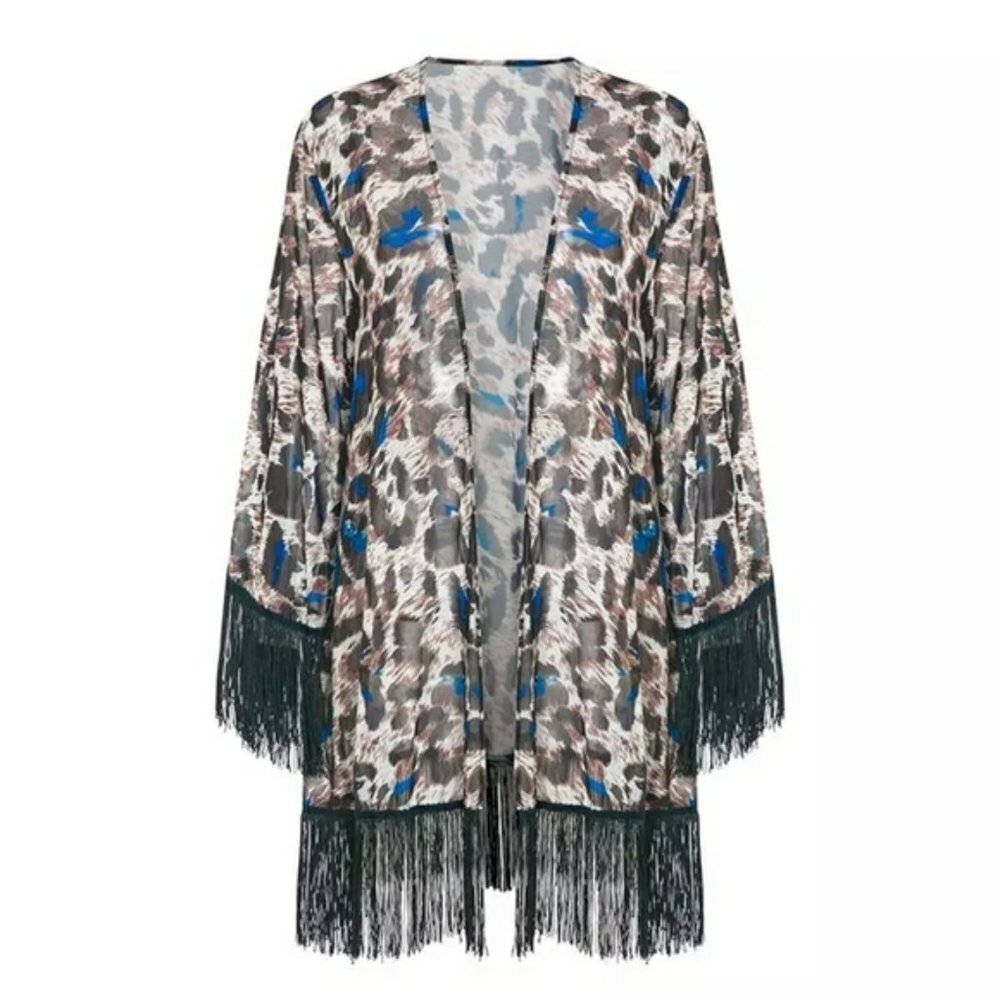 Leopard Print Open Front Cover Up with Tassels - Picture 4 of 9